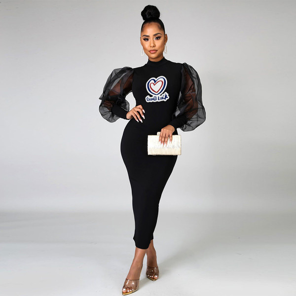 Printed Mesh Lantern Sleeve Women Elegant Long Midi Dress