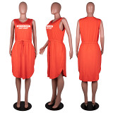 Plus size sleeveless v neck printed women summer knee length dress