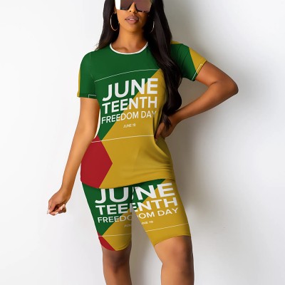 Printed summer casual women short sleeve 2 piece shorts set