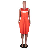 Plus size sleeveless v neck printed women summer knee length dress