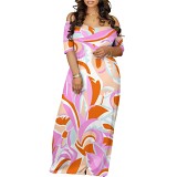 Wide off shoulder neck short sleeve maxi long printed dress