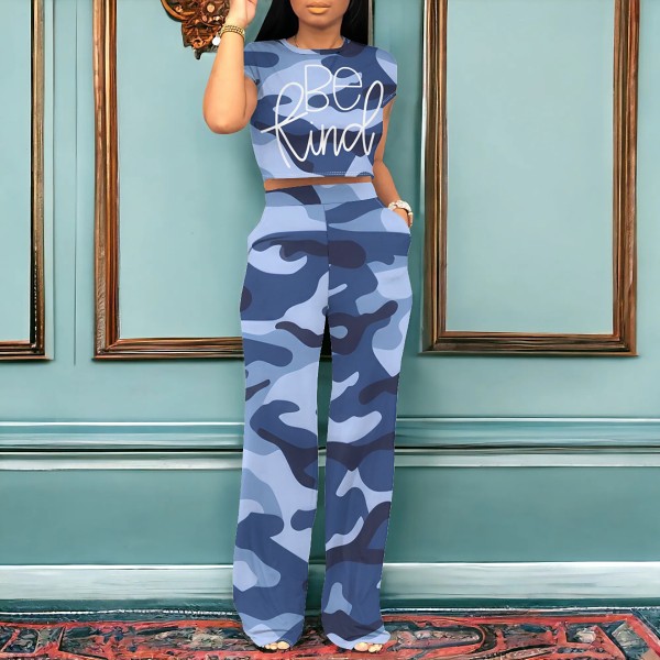 Crop top short sleeve casual straight pants two piece outfits