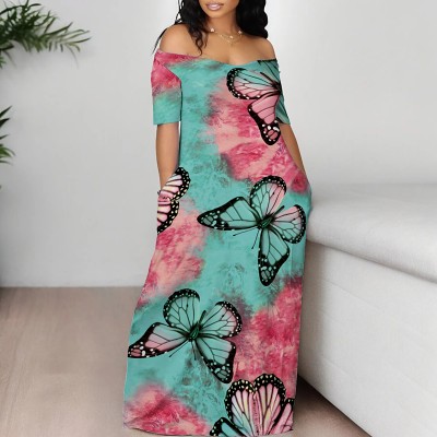 Wide off shoulder neck short sleeve maxi long printed dress