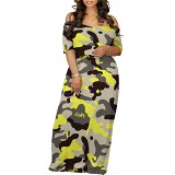 Wide off shoulder neck short sleeve maxi long printed dress
