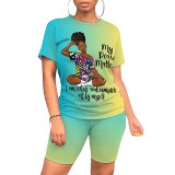 Casual printed summer short sleeve women shorts set