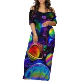 Wide off shoulder neck short sleeve maxi long printed dress