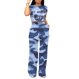 Crop top short sleeve casual straight pants two piece outfits