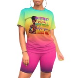Casual printed summer short sleeve women shorts set