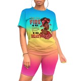 Casual printed summer short sleeve women shorts set