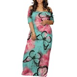 Wide off shoulder neck short sleeve maxi long printed dress