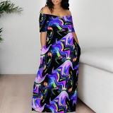 Wide off shoulder neck short sleeve maxi long printed dress
