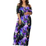 Wide off shoulder neck short sleeve maxi long printed dress