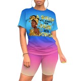 Casual printed summer short sleeve women shorts set