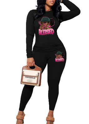 Womens Long Sleeve Tracksuit Crewneck Tops And Long Pants Printed Leisure 2 Piece Outfits