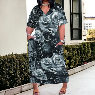 Printed pattern short sleeve v neck casual long midi dress