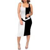Sleeveless square collar white black knee length dress