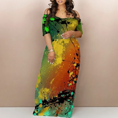 Wide v neck short sleeve casual maxi long printed dress