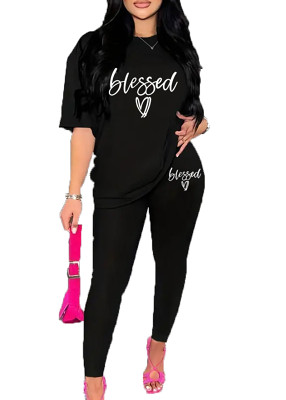 Womens Tracksuit 2 Piece Set Short Sleeve Crewneck Tops And Long Pants Printed Leisure Outfits