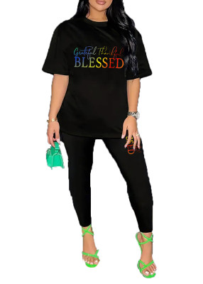Womens Tracksuit 2 Piece Set Short Sleeve Crewneck Tops And Long Pants Printed Leisure Outfits