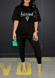 Womens Tracksuit 2 Piece Set Short Sleeve Crewneck Tops And Long Pants Printed Leisure Outfits