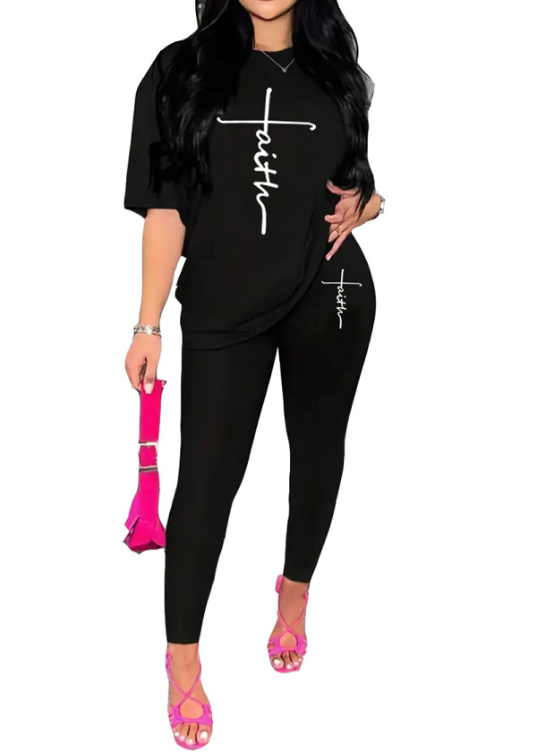 Womens Tracksuit 2 Piece Set Short Sleeve Crewneck Tops And Long Pants Printed Leisure Outfits