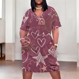 Casual printed plus size women's v neck summer dress