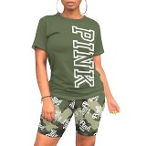 Casual letter printing summer short sleeve tshirt two-piece suit