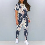Casual camouflage printing summer short sleeve long pants two piece set
