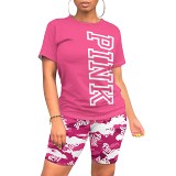 Casual letter printing summer short sleeve tshirt two-piece suit