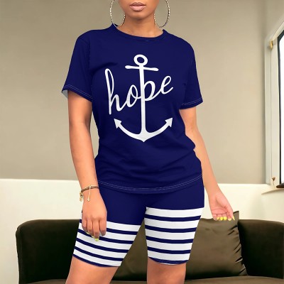Printed casual women's blue two-piece suit
