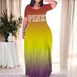 Casual gradient letter printed maxi long women's short sleeve summer dress
