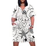 Casual printed plus size women's v neck summer dress