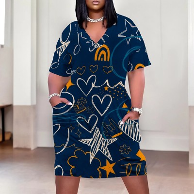 Casual printed plus size women's v neck summer dress