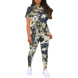 Casual camouflage printing summer short sleeve long pants two piece set