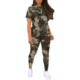 Casual camouflage printing summer short sleeve long pants two piece set