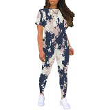 Casual camouflage printing summer short sleeve long pants two piece set