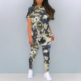 Casual camouflage printing summer short sleeve long pants two piece set