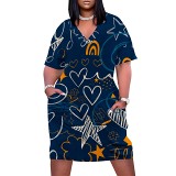 Casual printed plus size women's v neck summer dress