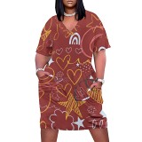 Casual printed plus size women's v neck summer dress