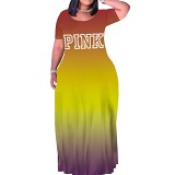 Casual gradient letter printed maxi long women's short sleeve summer dress