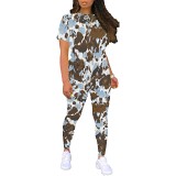 Casual camouflage printing summer short sleeve long pants two piece set