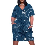 Casual printed plus size women's v neck summer dress