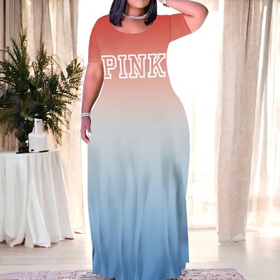 Casual gradient letter printed maxi long women's short sleeve summer dress