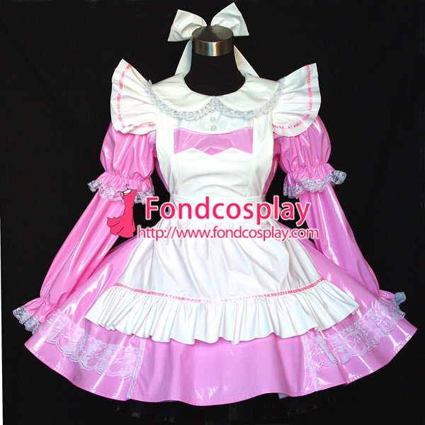 GB3 Sissy maid pink thin PVC dress lockable Unisex heart hood 