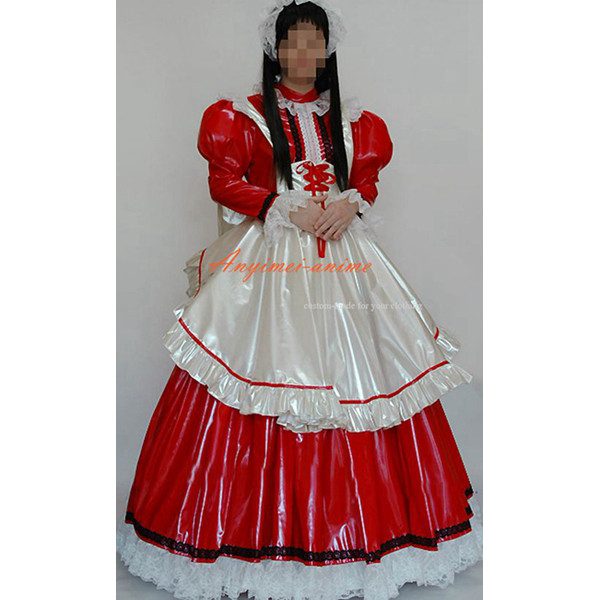 Us 11556 French Sexy Sissy Maid Red White Pvc Lockable Dress