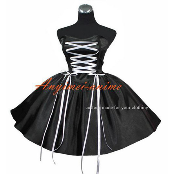 fondcosplay adult sexy cross dressing sissy maid short Gothic lolita punk ball gown black satin dress costume CD/TV[G420]