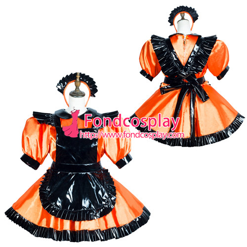 French Sissy Maid Satin Dress Pvc Apron Lockable Uniform Cosplay Costume Tailor-Made[G3769]
