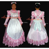 French Pink-White Sexy Sissy Maid Satin Dress Lockable Uniform Cosplay Costume Tailor-Made[G272]