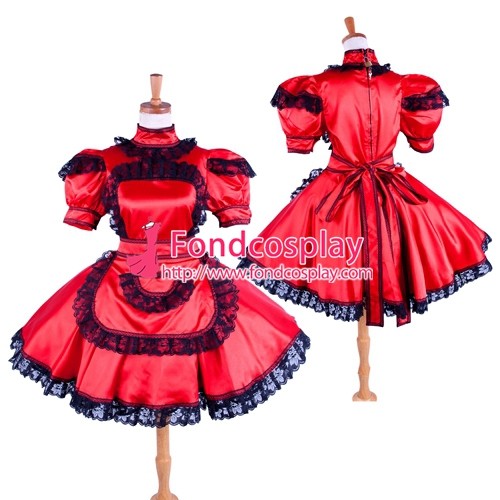 US$ 98.9 - French Lockable Sissy Maid Red Satin Dress Uniform Costume ...