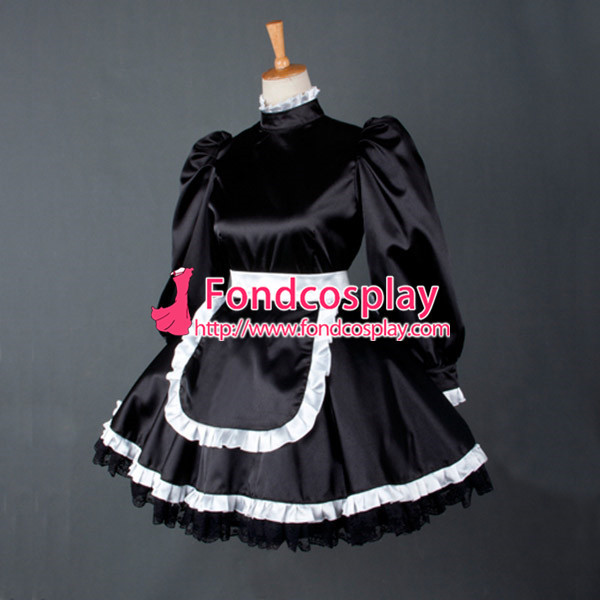 Us 108 8 French Sexy Sissy Maid Dress Lockable Uniform Black Satin Dress Cosplay Costume